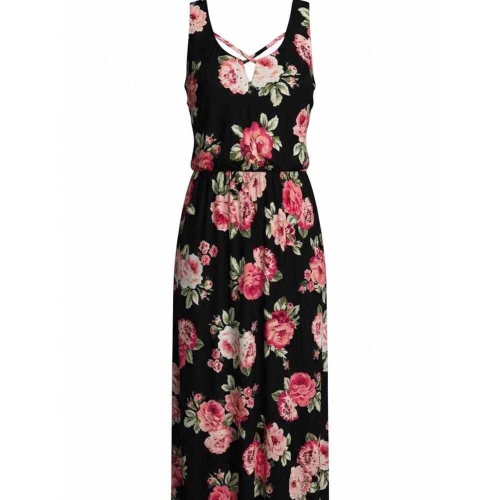 Three Pink Hearts Black Maxi Dress with Pink Floral Print
